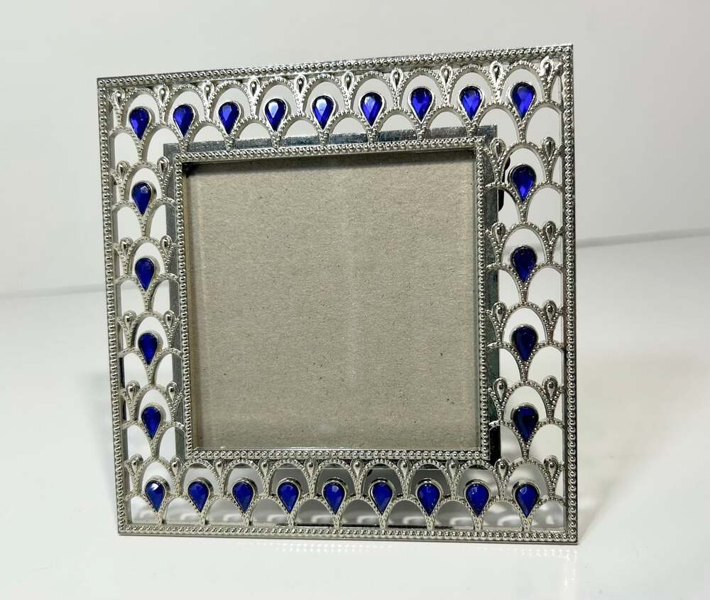 Issac Mizrahi silver toned blue jeweled teardrop 5” square picture frame